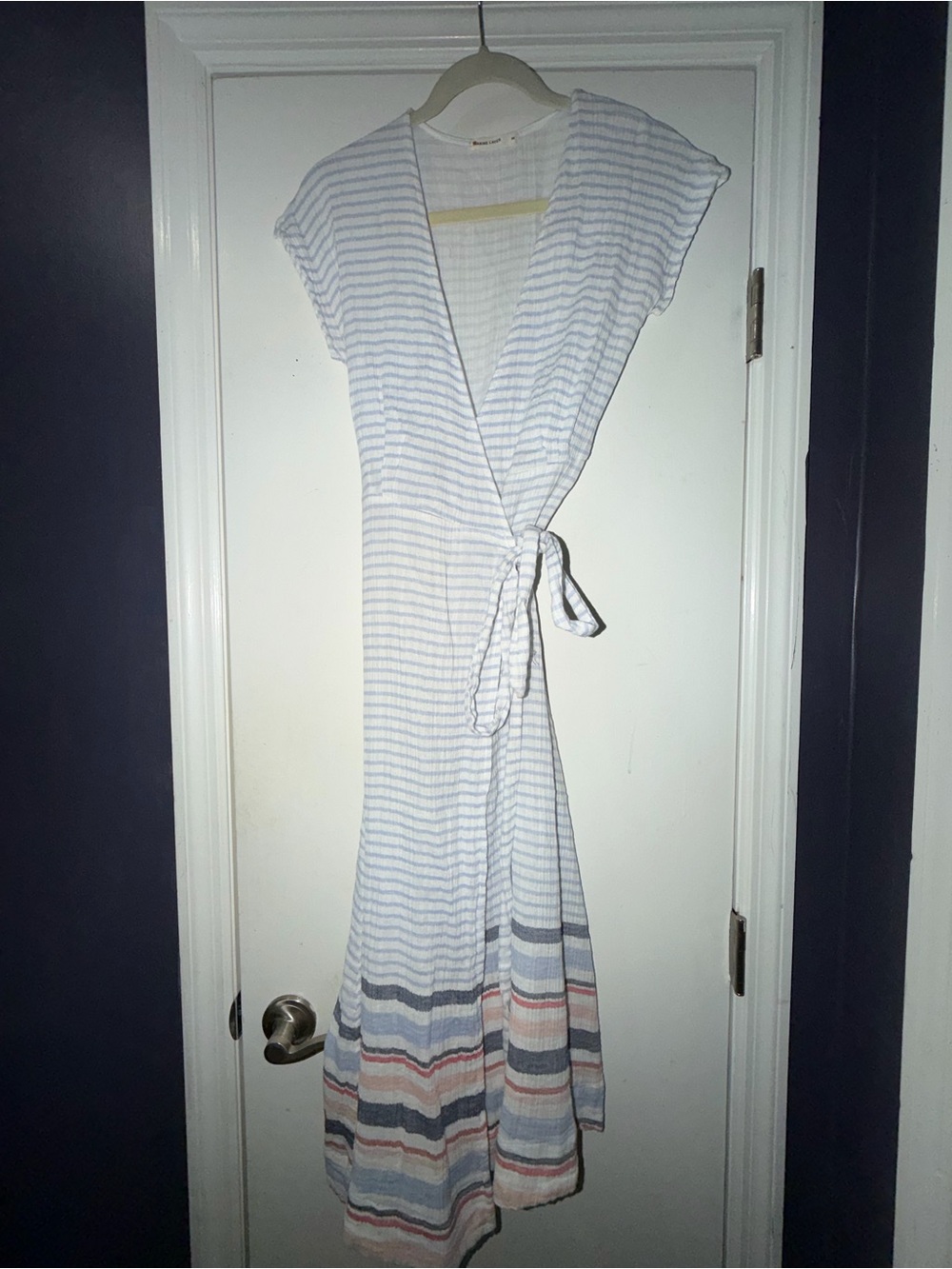 Marine Layer Striped Wrap Maxi Dress in White, Light Blue and Multicolor Hem